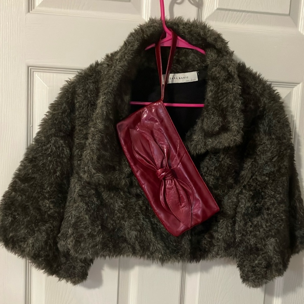 Zara Faux Fur Cape with Burgundy Clutch